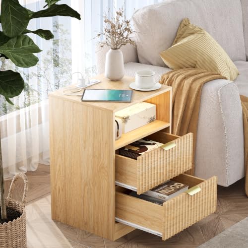 Fluted Nightstand Set of 2, LED Nightstand with Charging Station, Wood Nightstands with 2 Drawers & Metal Handles, Modern Bedside Table & End Tables, Farmhouse Night Stands for Bedroom, Natural - color: Natural Oak, style: LED 2 Drawers-2 PCS