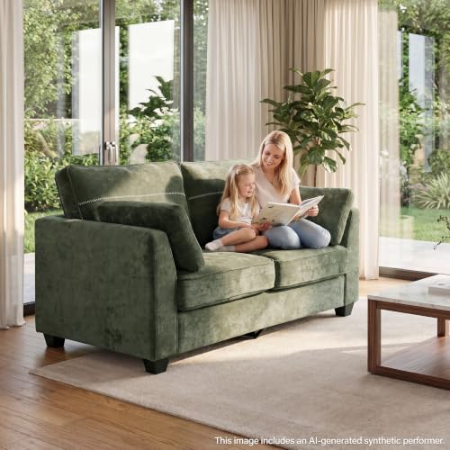 65.4" Loveseat Sofa, Chenille Love Seat with 2 Pillows, Green | Easy Assembly, Pocket Spring Cushions, Comfy Modern Small Couch for Living Room, Bedroom, Apartment, Office - color: Green, size: 65.4" Loveseat Sofa