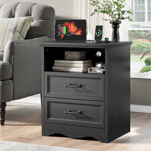 Black Night Stand with Charging Station, Farmhouse Bedside Table & End Table with 2 Drawers and Unique Base Design, Wood Nightstand with Metal Handles for Bedroom, Living Room - color: Black, size: 1 Piece