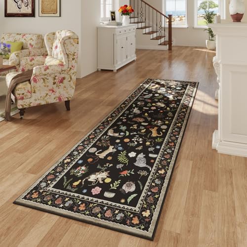 Rugcomf Runner Rug for Kitchen Non Slip 2'x6' Washable Rugs with Rubber Backing Soft Floral Animal Cat Carpet Runner for Kitchen Laundry Bedroom Bathroom, Black - color: Black/Cat, size: 2' x 6' (Rectangular)