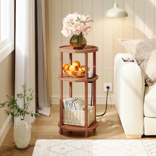 HOOBRO Small Round Side Table with Charging Station, 3-Tier Round Bamboo End Table, Compact Sofa Bedside Table for Small Space, Easy Assembly, for Living Room, Bedroom, Apartment, Walnut WL152UBZ01 - color: Walnut