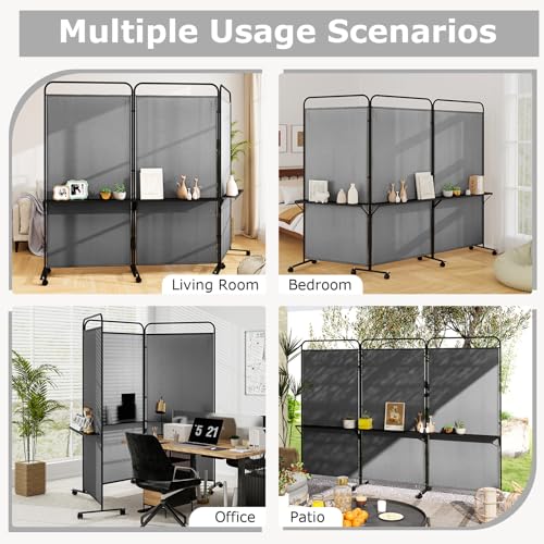 Giantex 3 Panel Room Divider with Wheels and Shelves, 103" W x 74" H Folding Privacy Screen, Rolling Partition Separator for Home Office Studio, Fabric Wall Divider for Room Separation (Gray) - color: Grey