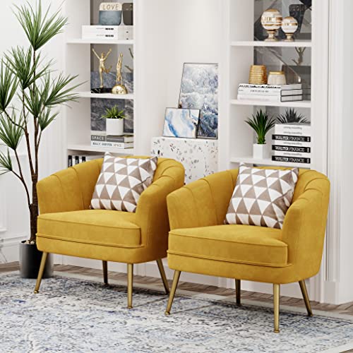 Velvet Accent Chair, Barrel Armchair, Yellow | Velvet Upholstery, Golden Metal Legs, Comfy Barrel Back, Modern Style, Living Room Bedroom Office - color: Yellow, size: 1 Chair