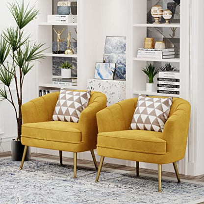 Velvet Accent Chair, Barrel Armchair, Yellow | Velvet Upholstery, Golden Metal Legs, Comfy Barrel Back, Modern Style, Living Room Bedroom Office - color: Yellow, size: 1 Chair