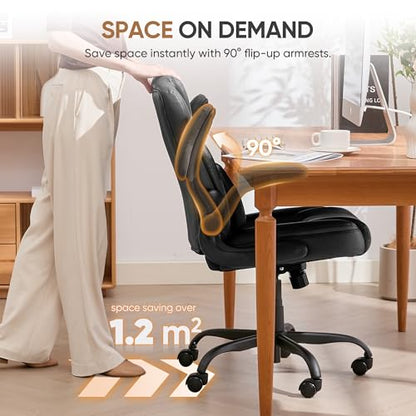 Home Office Chair with Lumbar Support, 5" Thickened Seat, Small PU Leather Rocking Desk Chair, Comfy Computer Chairs with Rolling Wheels & Adjustable Armrests for Adults, Black - color: Black