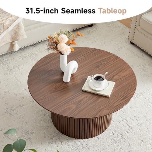 31.5" Round Coffee Table, Modern Fluted Accent Center Table with Metal Frame, Wooden Circle Coffee Tables for Living Room Small Space or Office (Walnut) - color: Walnut 31.5" Round