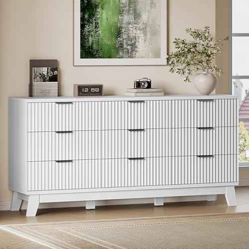 BORNOON 63" Long Dresser for Bedroom, 9-Drawer Fluted Dresser, Extra-Wide Wood Chest of Drawers with Smooth Metal Slides, Stable Base, Modern Clothes Storage Cabinet for Living Room, Hallway, Nursery - color: Pure White, size: XL 9-Drawer