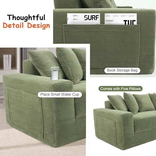 76" Convertible Sofa Bed, Corduroy Boneless Couch with Cup Holders & Pocket | 2-in-1 Sleeper Sofa, Pull-out Couch Bed with 5 Pillows, Living Room, Small Spaces, Bedroom, No Assembly - color: 76"light Green