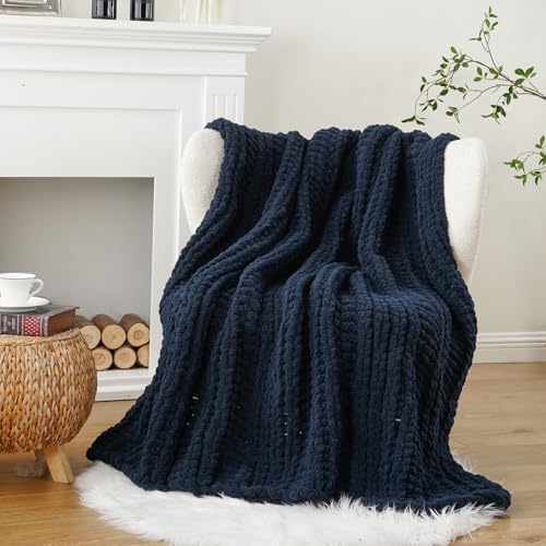 Battilo Chunky Knit Throw Blanket for Couch, 50"x60", Navy Blue | Hand Knit, Gift Blanket, Cozy Warm Thick Soft Chenille Throw Blanket for Bed, Sofa, Chair, Living Room - color: Navy