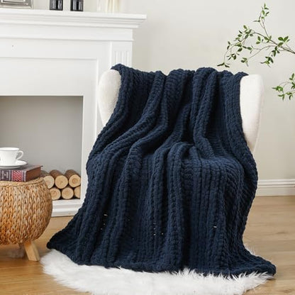 Battilo Chunky Knit Throw Blanket for Couch, 50"x60", Navy Blue | Hand Knit, Gift Blanket, Cozy Warm Thick Soft Chenille Throw Blanket for Bed, Sofa, Chair, Living Room - color: Navy