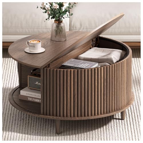 JOINICE Walnut Round Coffee Table with Storage for Living Room, 31.5" | Fluted Sliding Door Design, Mid Century Center Table for Small Apartments, Solid Wood Legs, Easy Assembly, Up to 110 lbs - color: Walnut_round