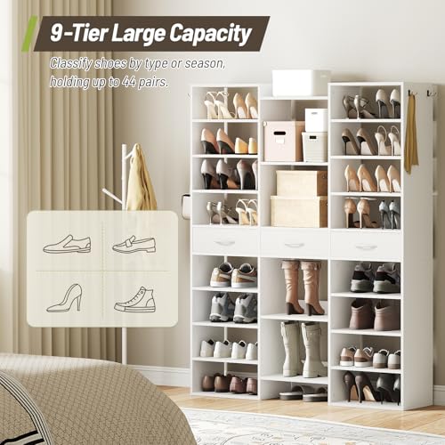 Tall Shoe Rack, 9 Tiers Large Shoe Cabinet with Fabric Drawers, Holds up to 44 Pairs, Modern Entryway Shoe Shelves Organizer with 21 Open Cubbies, Wooden Shoe Rack for Closet, Hallway, White