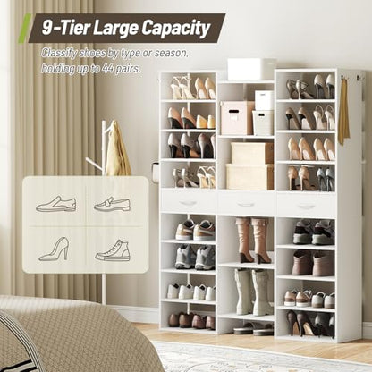 Tall Shoe Rack, 9 Tiers Large Shoe Cabinet with Fabric Drawers, Holds up to 44 Pairs, Modern Entryway Shoe Shelves Organizer with 21 Open Cubbies, Wooden Shoe Rack for Closet, Hallway, White