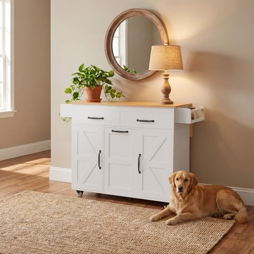 YESHOMY 56" Kitchen Island with Trash Can Storage, Drop Leaf Kitchen Island with Storage, 2 Drawers, 5 Wheels, Spice Rack & Towel Holder, White and Yellow Oak - color: White and Yellow Oak