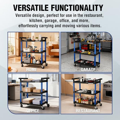 WORKPRO 3-Tier Service Utility Cart, 400LBS Plastic Rolling Cart with Handles & Lockable Wheels, Heavy Duty Storage Cart for Restaurant, Kitchen, Office, Garage, Warehouse - color: Black