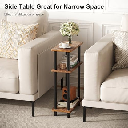 Apicizon Small Narrow Side Table, 3-Tier Skinny End Table, Brown and Black | Sofa Side Table, Slim End Table, Wood Storage Shelf, Slim Nightstand Bedside Table for Narrow Spaces, Living Room, Bedroom - color: Rustic Brown and Black, style: Narrow Side Tab
