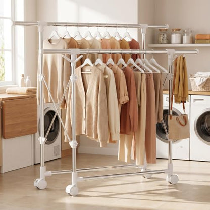 Clothes Drying Rack Foldable,Portable Laundry Collapsible | Folding Stainless Steel Standing Dry Rack for Outdoor Indoor Adjustable Double Rod with Wheels,Space Saving Rolling Dry Rack