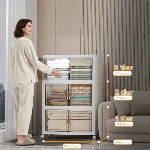 Stackable Storage Bins, 336QT Collapsible Drawers with 1 Lid | Large Capacity, Magnetic Door, Stack Lock, Rolling Wheels, Foldable Design, Organizers and Storage for Bedroom Dorm Garage - color: White-112qt, size: 3Pack with 1 top lid