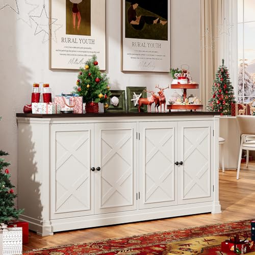 63 Inches Buffet Cabinet with Storage, Large Sideboard Cabinet with 4 Barn Doors, Adjustable Shelves, Wood Coffee Bar Station for Kitchen, Living Room, Off White - color: Off White
