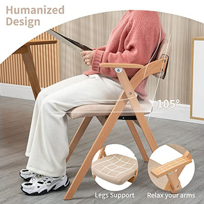 Folding Chairs with Armrest | Wooden Stackable Foldable Dining Chair with Padded Seats Set of 2 Extra for Guests Kitchen Office Wedding Party, Khaki - color: Khaki With Armrest, size: 2PCS