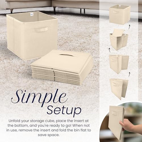 Reli. 11 Inch Cube Storage Bins (4 Pack) | Cube Organizer Bins | Collapsible, Foldable Fabric Cubby Box (Square) | 11x11 Fabric Storage Boxes | Kids Room Organization (Beige)