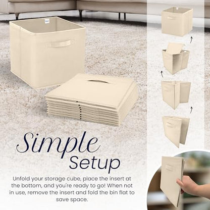Reli. 11 Inch Cube Storage Bins (4 Pack) | Cube Organizer Bins | Collapsible, Foldable Fabric Cubby Box (Square) | 11x11 Fabric Storage Boxes | Kids Room Organization (Beige)
