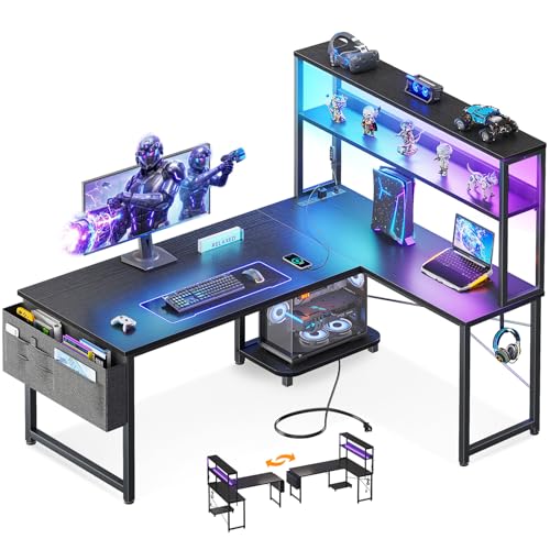 ODK 43" L Shaped Gaming Desk with Shelves, LED & Outlets, Black | Reversible L-shape. LED gaming lights & USB. Headset hook & storage bag. Fits dorms, small bedrooms & compact apartments. - color: Black, size: 43 Inch