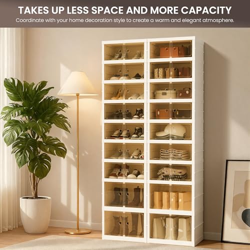 Foldable Shoe Organizer Storage Box, Portable Extra Large Folding Shoe Rack for Closet, Shoe Storage Box with Magnetic Transparent Door and Wheels, 9 Layers 18 Grids with 4 Big Grids - size: White 9 Layers-C
