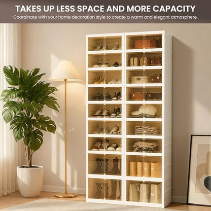 Foldable Shoe Organizer Storage Box, Portable Extra Large Folding Shoe Rack for Closet, Shoe Storage Box with Magnetic Transparent Door and Wheels, 9 Layers 18 Grids with 4 Big Grids - size: White 9 Layers-C