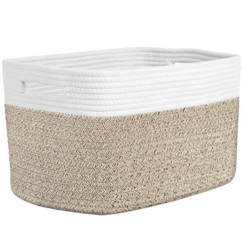 Storage Baskets for Organizing, 14 x 10 x 9” Closet Shelf Woven Baskets, Square Bins with Handles, Cotton Rope Basket for Clothes, Office, Room, White+Rice Brown 1 Pack - color: White+Rice Brown, size: 1pc