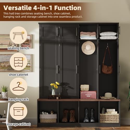 JIVOIT 75" H Farmhouse Hall Tree with Storage, Versatile 4-in-1 Coat Hanger with 4 Hidden Hanging Hooks, 8 Doors, Entryway Shoe Cabinet with Open Compartments for Living Room (Black//23) - color: Black//23