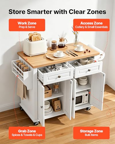 VEVOR Kitchen Island Cart with Storage, 43.7 in Wide Mobile Rolling Storage Island on Swivel Wheels, with 2 Drawers, Storage Cabinet, Spice/Towel Rack, Hooks, Table for Home Dining Room, White | Home Dining Use, Spice Towel Rack With Hooks, Cabinet Shelve