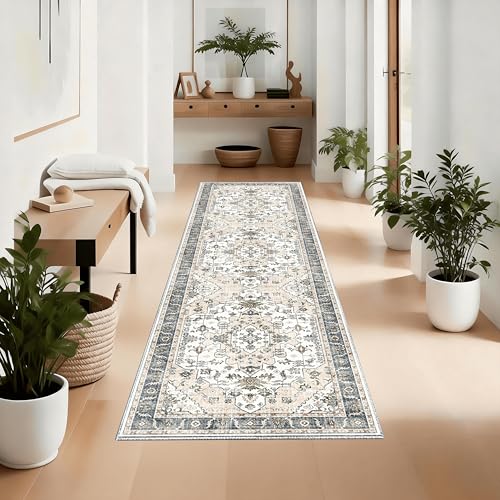 2x8 Non-Slip Washable Boho Kitchen Runner Rug | Faux cashmere, barefoot comfort, slip-resistant on tile/wood, machine washable, versatile use for kitchen, hallway, entryway - color: Beige, size: 2'x8' Long
