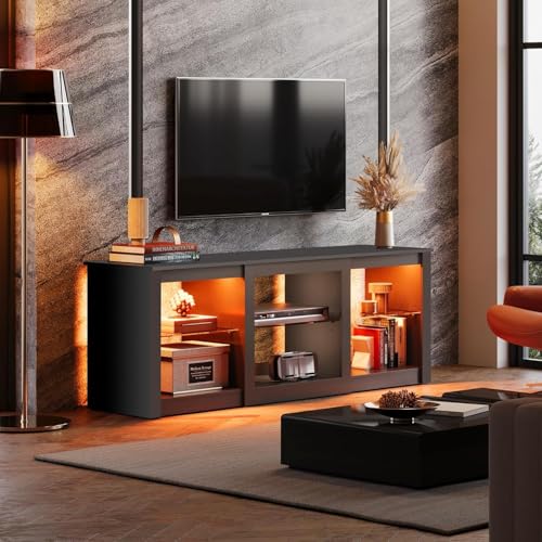 WLIVE Modern LED TV Stand for 65 70 Inch TV, 58" Entertainment Center with Adjustable Glass Shelves & RGB Lights, Wood Media Console Table for Living Room, Bedroom, Gaming Room, Black - color: Black, size: 58" Modern TV Stand