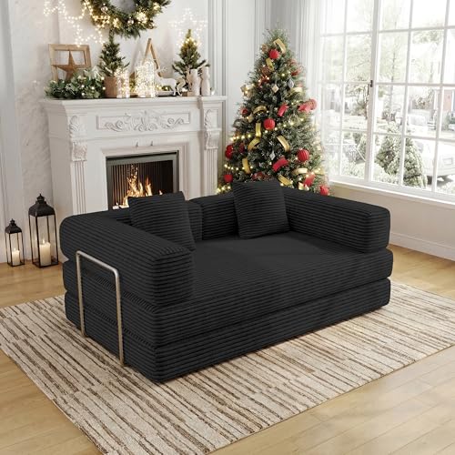 59 Inch Convertible Sofas Bed, 5-in-1 Futon Sofa Pull Out Sleeper Couch, Boneless Couches for Living Room, Corduroy Floor Compression Loveseat for Bedroom, Apartment, No Assembly, Black, 2 Seat - color: Black, size: 59” 2 Seat