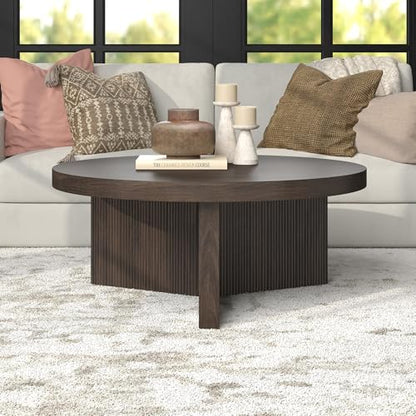 Henn&Hart 36" Scandinavian Fluted Coffee Table, Rich Brown | Ribbed pedestal base and low profile bring Scandinavian style to small spaces including living rooms or family rooms - color: Rich Brown, size: 36 inches