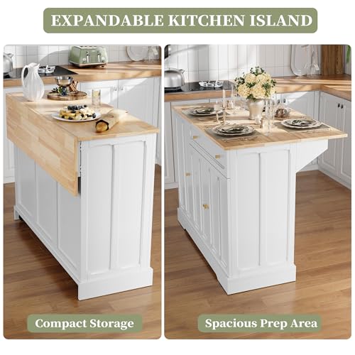 HLR Kitchen Island with Drop Leaf & Storage, Solid Rubber Wood Top Rolling Kitchen Cart with Carved Recessed Panel Doors, Large Mobile Island Table on Wheels for Kitchen, Dining Room (White) - color: White