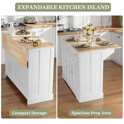 HLR Kitchen Island with Drop Leaf & Storage, Solid Rubber Wood Top Rolling Kitchen Cart with Carved Recessed Panel Doors, Large Mobile Island Table on Wheels for Kitchen, Dining Room (White) - color: White