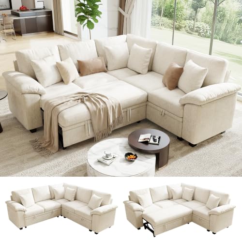Sectional Sleeper Sofa with Pull Out Bed, 86" L Shaped 5 Seat Couch with 151L Storage, Convertible Cloud Couch Bed, Modular Sectional Couches for Living Room, Apartment (Beige) - color: Beige, size: 5 Seat V Sleeper