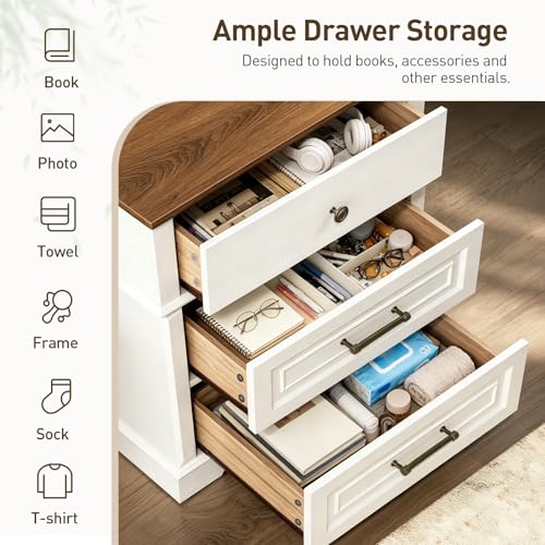 29.5" Tall Nightstand with Charging Station, 3 Drawer Farmhouse Night Stand, 27.6" Wide End Table with Storage, Large Bedside Table for Bedroom Living Room, White and Walnut - color: White and Walnut