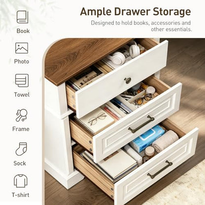29.5" Tall Nightstand with Charging Station, 3 Drawer Farmhouse Night Stand, 27.6" Wide End Table with Storage, Large Bedside Table for Bedroom Living Room, White and Walnut - color: White and Walnut