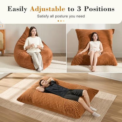3-in-1 Giant Bean Bag Chair for Adults & Kid, Convertible Floor Sofa to Mattress, High-Density Foam Chair Bed with Washable Cover, Multi Functional Lounge Couch for Bedroom, Living Room (Orange)