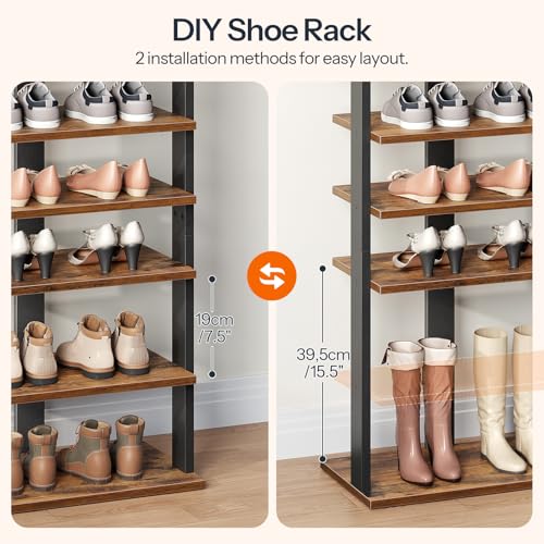 HOOBRO 10 Tiers Vertical Shoe Rack, Wooden Shoe Storage Organizer with Hooks, Narrow Shoe Tower for 20 Pairs, Space Saving, for Entryway, Living Room, Bedroom, Rustic Brown FG140XJ01 - color: Rustic Brown, size: 10 Tier (19.7"W)
