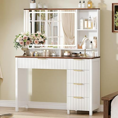 Arulvmrn 43" Large Vanity Desk with 30" HD Lighted Mirror,Modern Vanity Desk with Mirror and Lights, Makeup Vanity with 5 Drawers and Storage Shelves and Charging Station, White2300 - color: White