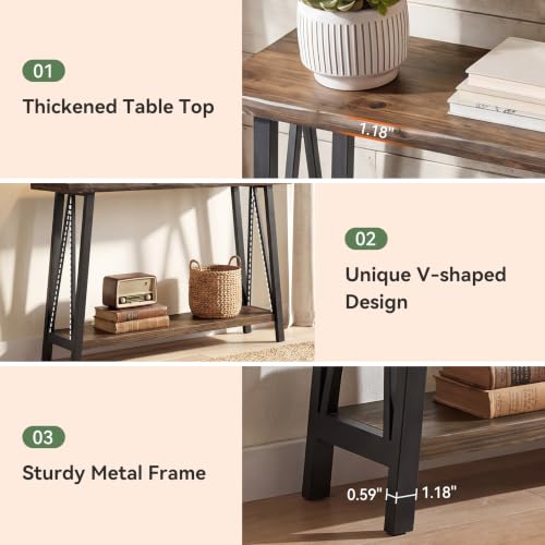 Tribesigns 41.3" Live Edge Solid Wood Console Table, Industrial 2-Tier Entryway Table with Sturdy Metal Frame, Narrow Sofa Accent Table with Storage Shelf for Living Room Hallway Foyer, Brown & Black