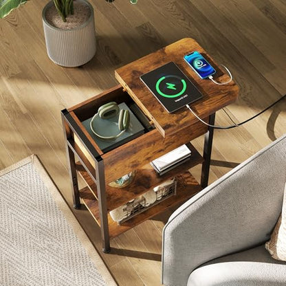 WLIVE 3-Tier End Table with Charging Station Flip Top Narrow Nightstand | 2 USB Ports+2 AC Outlets; Flip Top Hidden Storage; 2 Open Shelves; Small Space Living Room Bedroom; Sturdy Carbon Steel Frame - color: Rustic Brown