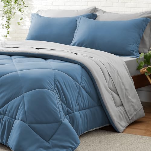 BEDELITE Twin XL Comforter Set 5 Pieces, Reversible Blue Bed in A Bag | Soft All Season Down-Alternative Comforter, Sheets, Pillowcases & Shams, OEKO-TEX Certified Bedding for Drom Room, College - color: Blue/Light Grey, size: Twin XL