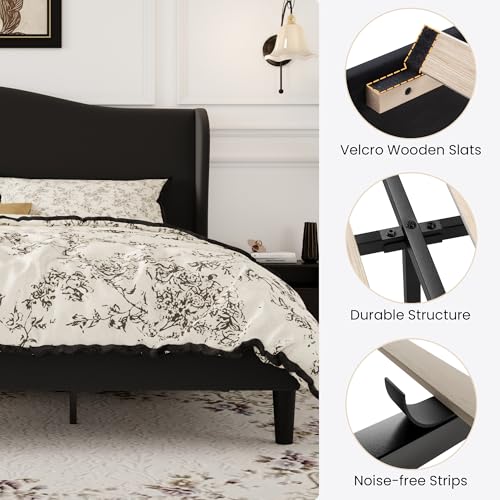SHA CERLIN King Size Bed Frame with Curved Wingback Headboard, Soft Black | Modern Luxury Design Velvet Platform Bed with Sturdy Wooden Slats,Noise-Free, No Box Spring Needed, Easy Assembly - color: Soft Black, size: King