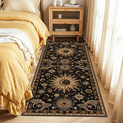 Vacuum-Friendly, 2x6 Washable Area Rug, Black Gold Beige Red | Sun and Moon Boho Gothic Non-Slip Low Pile Living Roon Bedroom Dining Room Kitchen Entry Entryway Entrance Hallway Doormat - color: Black/Gold/Beige/Red, size: 2' x 6' (Runner)