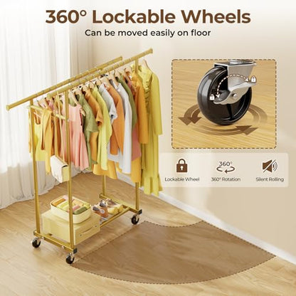 HYSEYY Double Rods Clothes Rack, Sturdy Rolling Clothing Rack, Portable Clothing Racks for Hanging Clothes - Metal Garment Rack Wardrobe Coat Rack for Bedroom Laundry Living Room, Gold - color: Gold